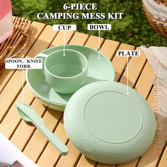 HOMQUEN 6-Piece Camping Mess Kit with Bowl, Plate, Cup, Spoon, Fork, Knife and Carry Bag, Plastic Camping Accessories Essentials Gear for Travel, Camping, Picnic, Outdoor, Easy to Carry & Store