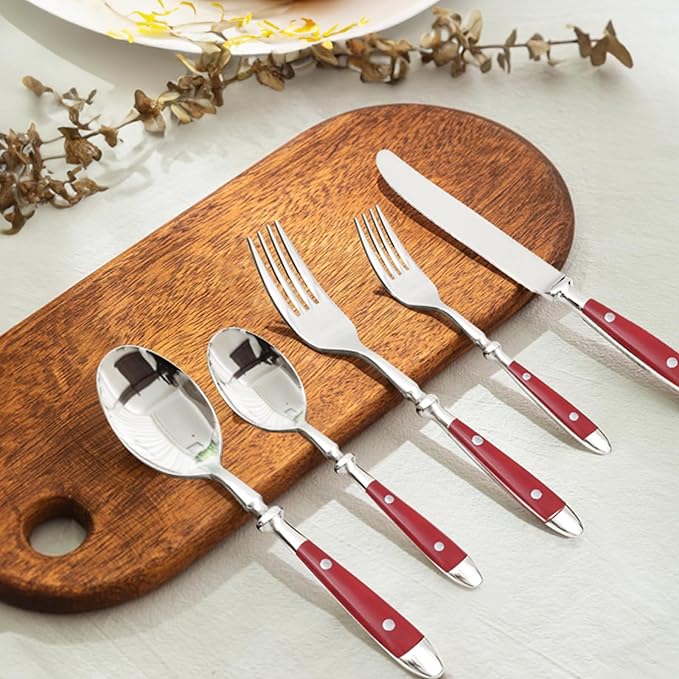 20-Piece Silverware Set for 4, High-end Everyday Flatware Set, Red Handles Cutlery Set, Retro Stainless Steel Forks and Spoons, Mirror Finished Utensil for Home Restaurant, Dishwasher Safe