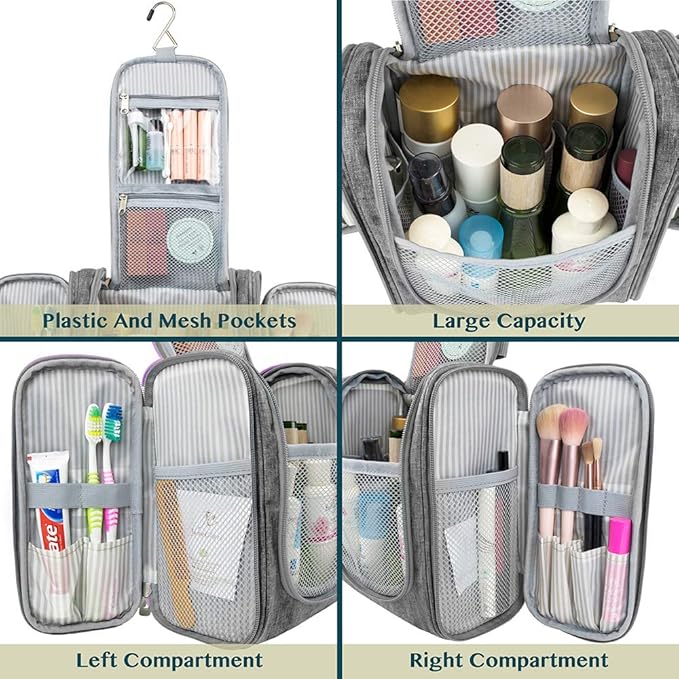 PAVILIA Toiletry Bag Travel Bag for Women Men, Hanging Cosmetic Organizer, Water Resistant Makeup Bag for Accessories Toiletries, Large Travel Essentials Kit (Grey)
