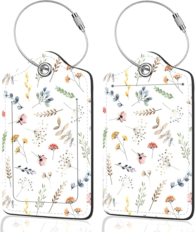 2Pack Luggage Tags for Suitcases, Cute Unique Pu Leather Cruise Luggage Tag with Privacy Cover ID Label Address Card and Metal Ring Suitable for Women Men Kids Travel Bag Floral and Plant Patternsn