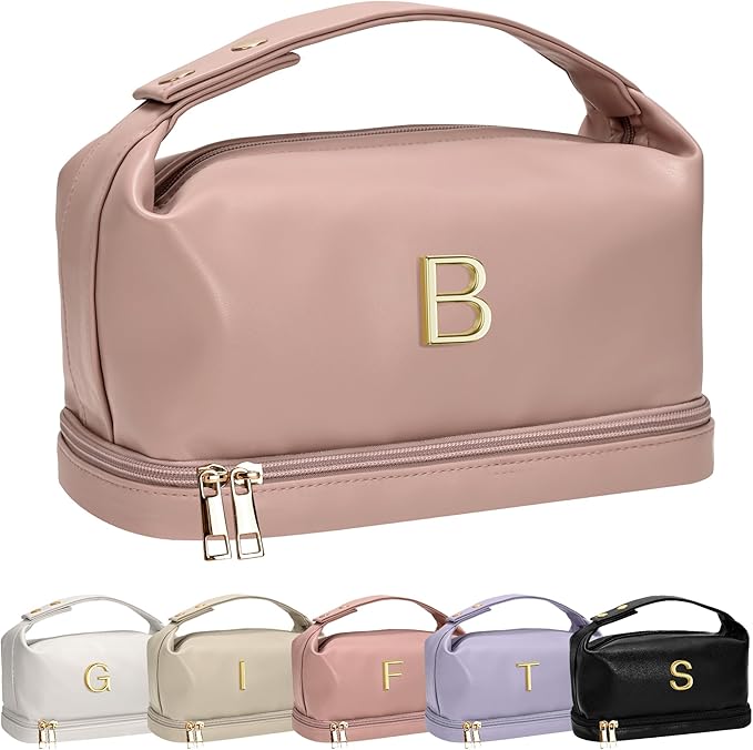 Customized Gifts-Women Gifts, Personalized Makeup Bag with Handle, Initial Double Layer Cosmetic Bag with Makeup Brush Organizer, PU Leather Travel Toiletry Bag, Gifts for Friends Female Mom