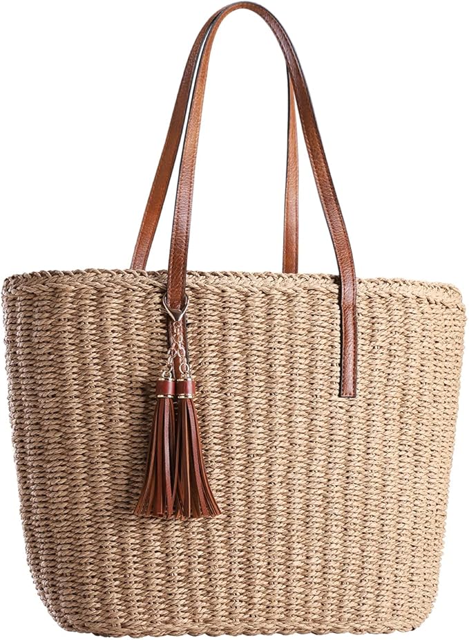 YXILEE Straw Bags For Women | M Size Travel Straw Totes Bag Woven Summer Handmade Shoulder Bag Handbag