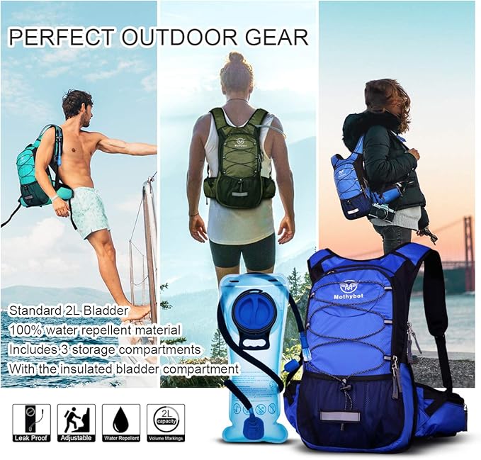 Insulated Hydration Backpack Pack with 3L BPA Free Leak Proof Water Bladder, Large Storage Lightweight Hiking Daypack with Waist Pouches & Cooler Layer, for Running, Biking, Camping, Festival