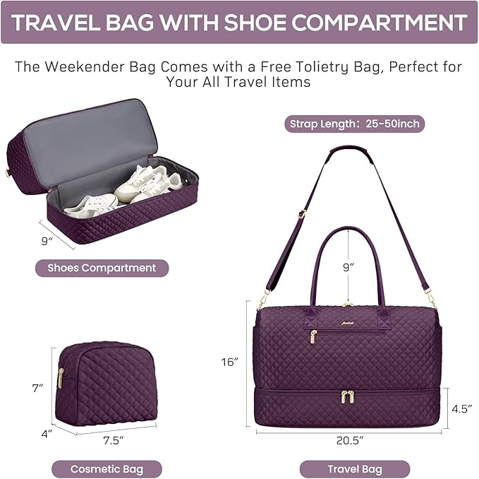Travel Duffle Weekender Bags for Women - Carry on Overnight with Shoe Compartmen Duffle Bag Hospital Bag Dark Purple