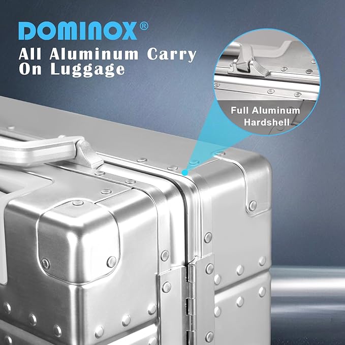 DOMINOX All Aluminum Carry On Luggage Hard Shell Luggage Aluminum Suitcase for Travel Zipperless Luggage Checked Luggage with Silent 360° Spinner Wheels 20 In. (Industry Style, Sliver)