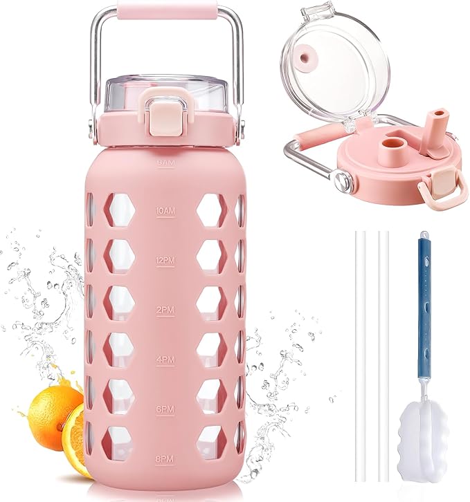 MUKOKO 64oz Glass Water Bottles with Straw and Lid,Half Gallon Water Bottle with Time Marker,Large Glass Water Jug with Silicone Sleeve and Stainless Steel Handle-Pink