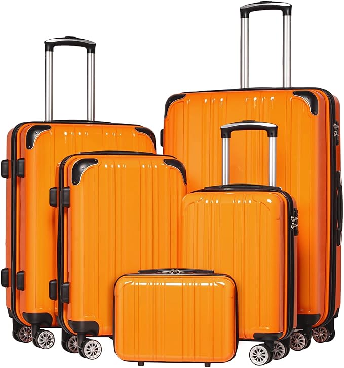 Coolife Luggage Expandable 5 Piece Sets PC+ABS Spinner Suitcase 20 inch 24 inch 28 inch (orange new)