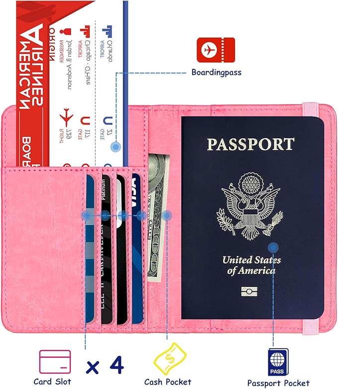 TOURSUIT RFID Blocking Passport Holder for Women Men, Leather Passport Travel Wallet with Metal 3D Metal Badge, Travel Document Holder Cover Accessories (Pink)