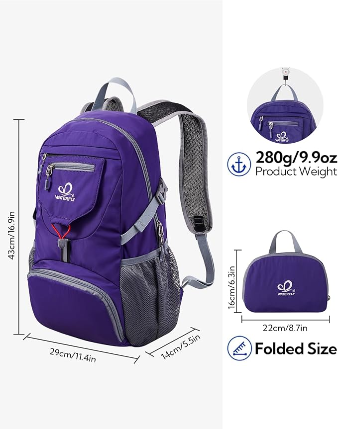 WATERFLY Small Lightweight Packable Backpack: 20l Ultra Light Foldable Travel Hiking Camping Daypack Day Pack for Man Woman