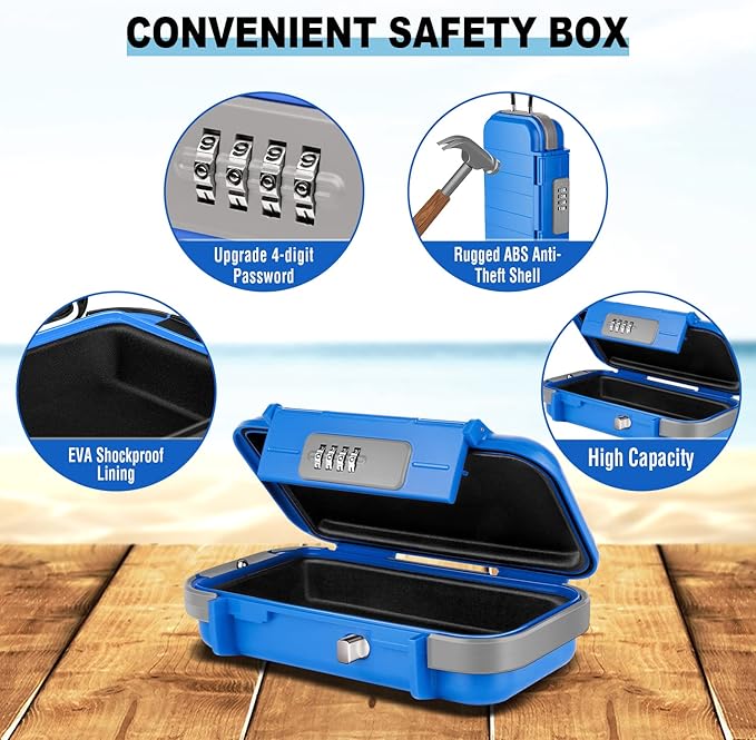 HUANLANG Portable Safe Lock Box with Combination Lock Mini Beach Travel Safe Waterproof Small Lockable Box with Removable Wire Rope Combination Safe Box for Dorm,Travel,Beach,Hotel,Car,Home,Office