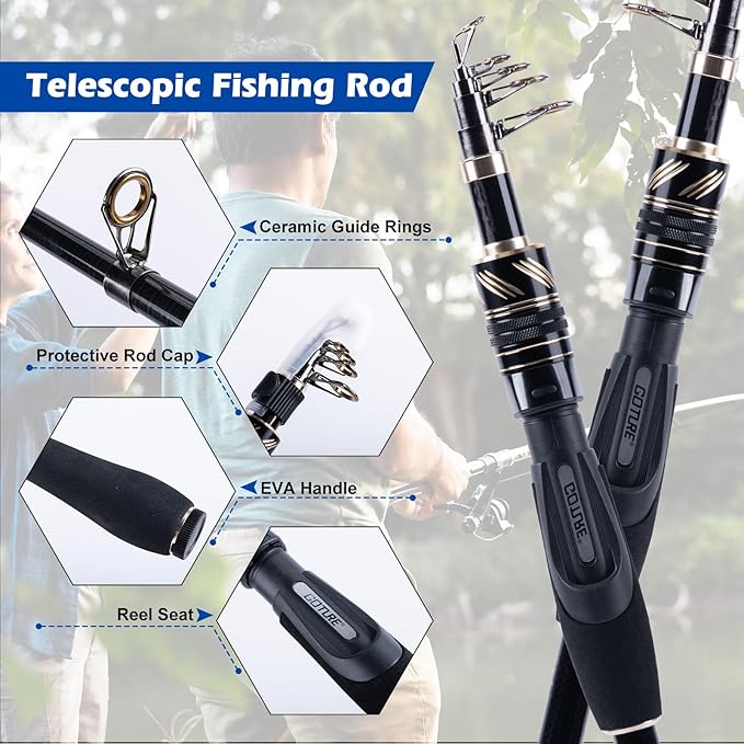 Goture Fishing Rod and Reel Combo - Carbon Fiber Telescopic Fishing Pole - Spinning Reel 9+1 Shielded Bearings Stainless Steel BB - A
