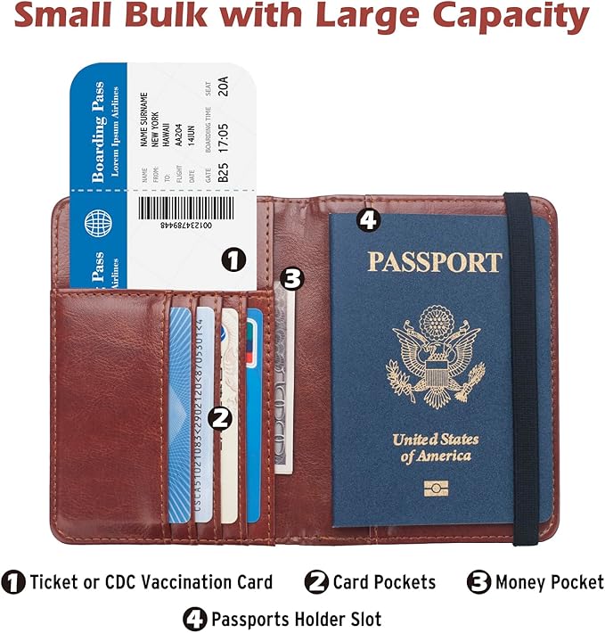 RFID Passport Holder Wallet for Women Men Travel, Leather US Passport Cover Case with Vaccine Card Slot, Waterproof Passport Book Travel Document Organizer Carrier Protector