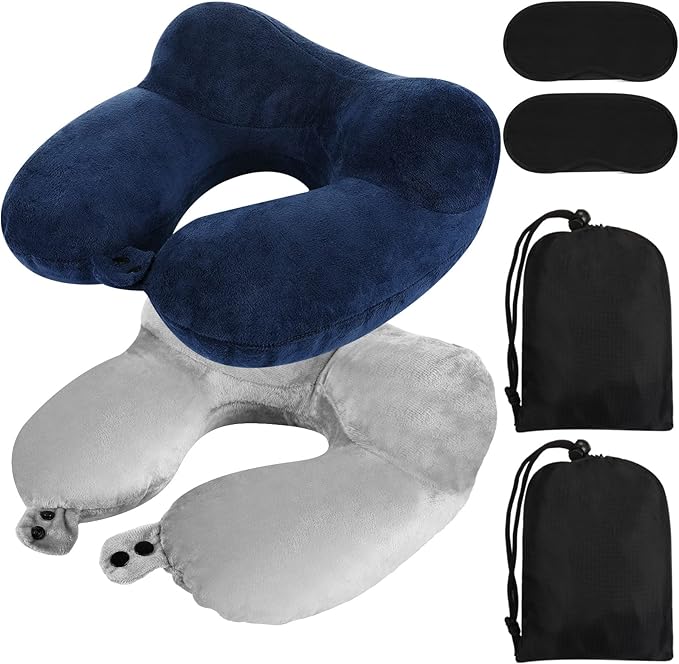 Sintuff 2 Pack Inflatable Travel Pillow for Airplanes Inflatable Neck Flight Pillows with Compact Bag and Blindfold for Traveling, Airplane, Train, Car, Office(Gray and Blue)