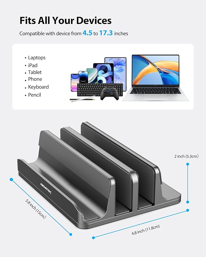 AboveTEK Vertical Laptop Stand, 3 Slots Aluminum Desk Laptop Holder & Laptop Docking Station Stand for MacBook, Tablet, Phone - Universal Fit (Up to 17.3") - Heavy Duty Polished, Anti Slide - Grey