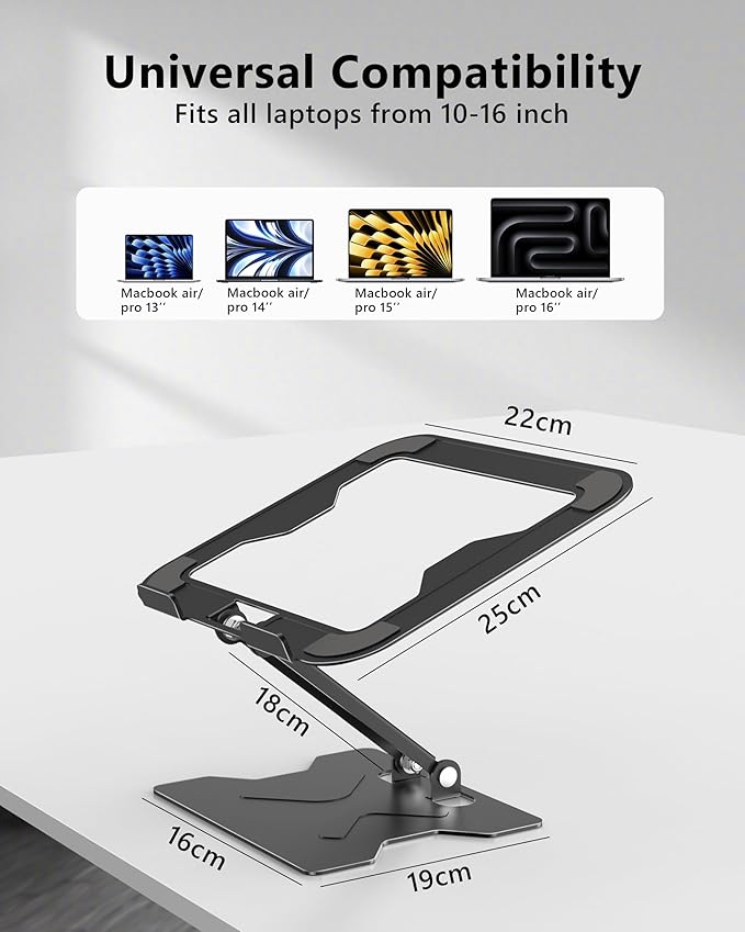 Adjustable Laptop Stand for Desk, Metal Foldable Laptop Riser, Portable Laptop Holder Mount, Ventilated Cooling Notebook Stand for MacBook Air Pro, All 10-16'' Notebooks Laptops, Matte Black