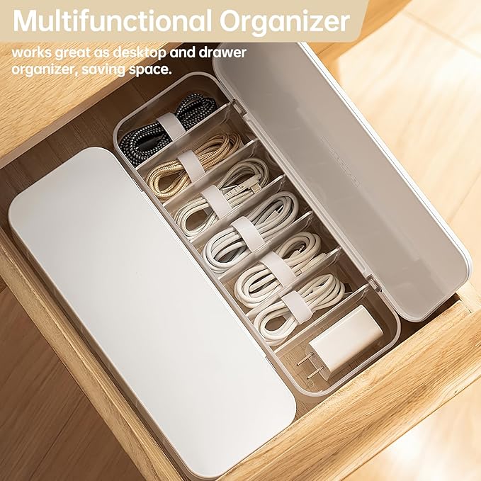 2 Pcs Cable Organizer Storage Box with 14 Wire Ties,Desktop Cable Management Box with Lid,Power Cord Organizer for Office,Home,Desk Accessories Storage Stationery Supplies White