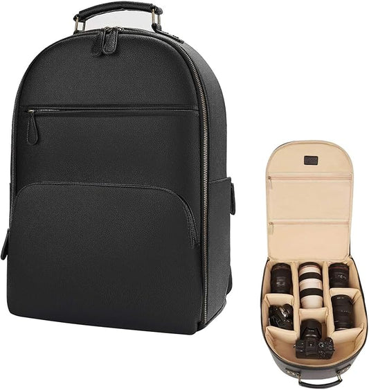 Camera Backpack Classic PU Leather for DSLR, Professional Camera Bag for Photographers with 15 Inch Laptop Compartment Large 20L