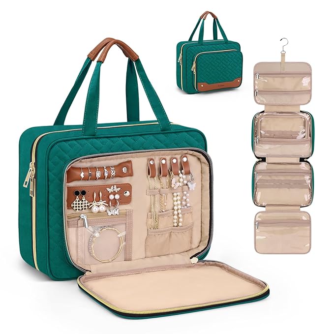 Wedama Toiletry Bag for Women, Hanging Travel Toiletry Bag with Jewelry Organizer Compartment Large Makeup Bag, PVC Waterproof Cosmetic Travel Bag Trips Camping Bathroom, Green+Brown