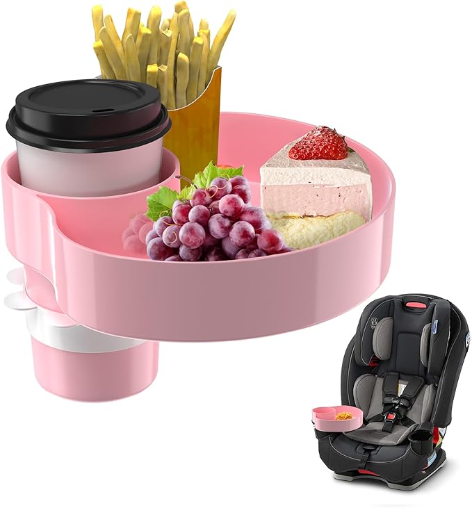 Kids Car Seat Tray, Travel Tray with Cup Holder for Toddler Baby, Kids Car Seat Food Snack Organizer for Road Trip, Stroller Snack Tray Travel Must Haves Toddler Must Haves (Pink)