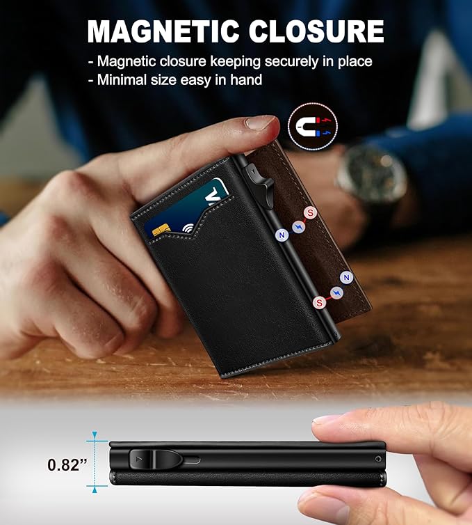Wallet for Men,with Cash Pocket 2 ID Window 9-13 Cards,Metal Case Smart Slim Pop Up Credit Card Holder Flip with Magnetic Closure RFID Blocking Trifold wallet with Gift Box