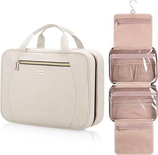 Hanging Toiletry Bag for Women Travel, 2 Sizes Large & Small Waterproof Cosmetic Organizer with 4 Compartments, Rotating Hook, Foldable Pink Travel Bag for Toiletries & Makeup - Medium Beige