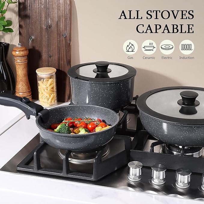 GiPP Ceramic Pots and Pans Set Non Stick, Nonstick Detachable Handle Cookware Sets, Non Toxic Induction Kitchen Pot and Pan with Removable Handle, Healthy RV Cookware, Dishwasher ＆Oven Safe, 5 Piece
