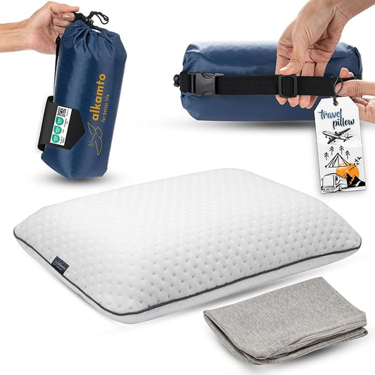 Travel & Camping Comfortable Memory Foam Pillow – Easy to Carry Portable Bag – Temperature Regulating Pillow Case (White + Extra Cover)