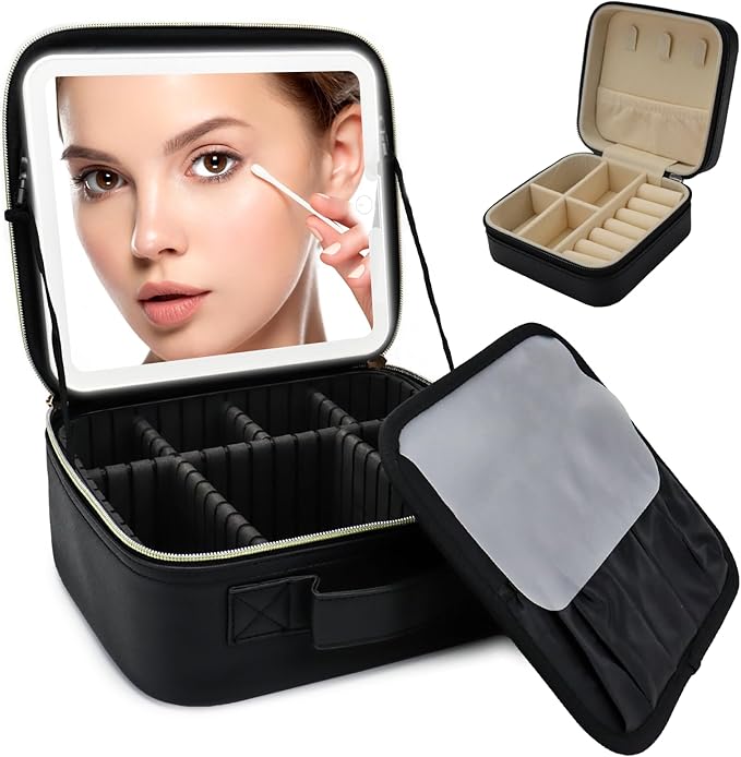 Makeup Bag with Led Mirror,Travel Makeup Organizer with 3 Color Setting & Jewelry storage box, Portable Storage and Adjustable Dividers Travel Makeup Bag(Black)