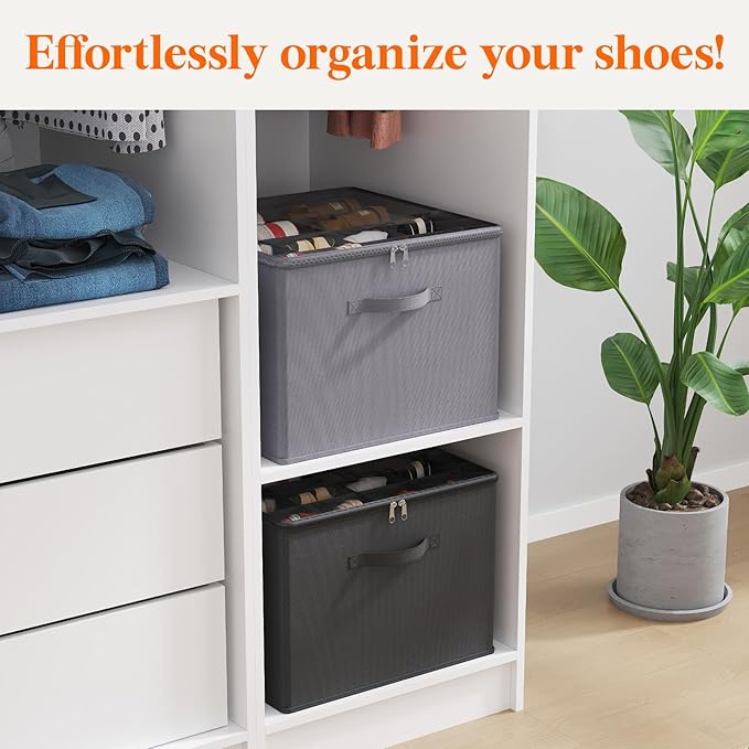 Lifewit Shoe Storage Organizer for Closet, Fits 12-16 Pairs, Large Shoe Box Storage Containers with Clear Cover and Reinforced Handles, Foldable Storage Bins Fit for Boots Heels Sneakers, 1 Pack Gray