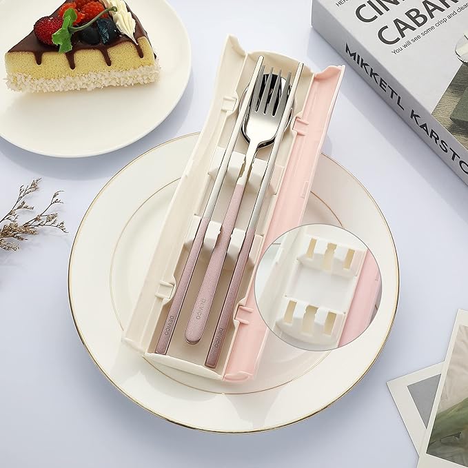 DEVICO Portable Travel Utensils with Case, Reusable Camping Silverware for Lunch, 18/8 Stainless Steel Cutlery Set (Pink)