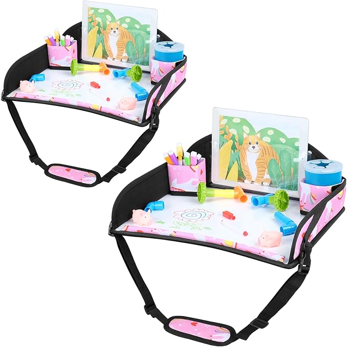 COOLBEBE Kids Travel Tray for Toddler Car Seat, Travel Tray for Airplane, Toddler Car Seat Lap Tray, Carseat Table Tray for Kids Travel Activities (Pink Unicorn -2PCS)
