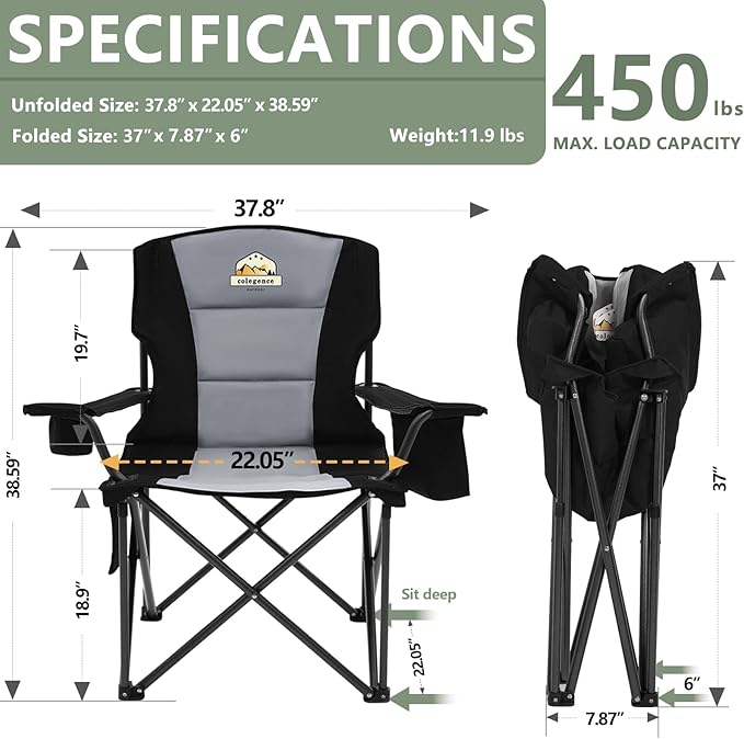 Oversized Camping Chairs 2 Pack - 450lbs Support Heavy Duty Folding Camp Chair Wide Portable Outside Collapsible Chairs with Carry Bag,Cooler,Cup Holder for Outdoor,Lawn,Sports,Baseball,Soccer-Black