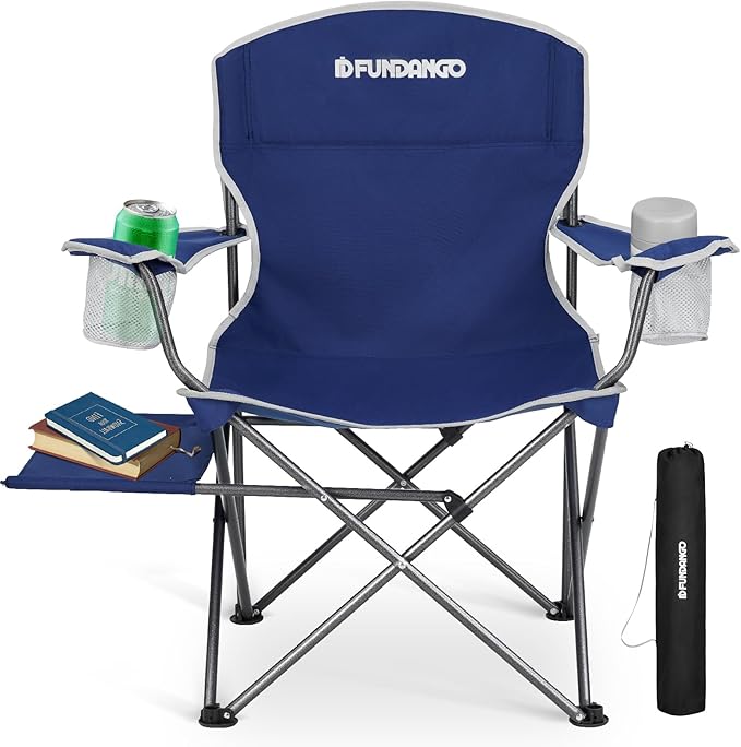 FUNDANGO Folding Camping Chair with Table, Portable Heavy Duty Outdoor Padded Chairs for Adults with Cup Holders for Lawn Beach Picnic Outside Travel (Blue)