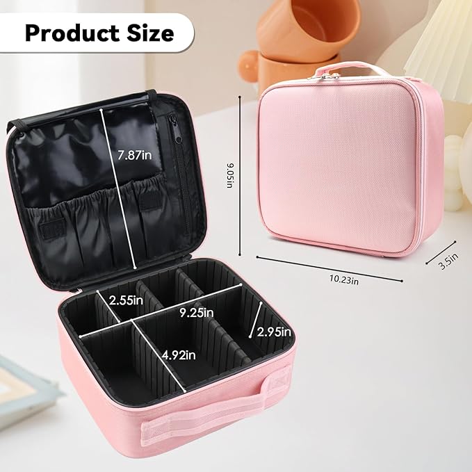Travel Makeup Bag Makeup Cosmetic Train Case Organizer Portable Storage Bag with Adjustable Dividers for Cosmetics Makeup Brushes Toiletry Jewelry Pink