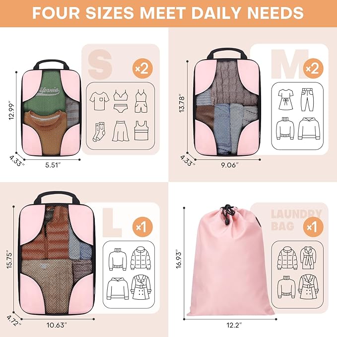 6 Set Compression Packing Cubes for Travel Women, Compression Bags Organizer for Packing Luggage Space Saving, Suitcase Organizer Set for Travel Essentials - Pink
