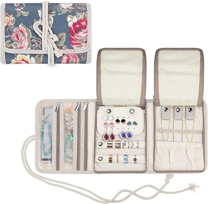 Teamoy Travel Jewelry Roll, Jewelry Storage Bag Organizer for Necklaces, Earrings, Bracelets, Rings, Brooches and More, Compact and Easy to Carry, Peony