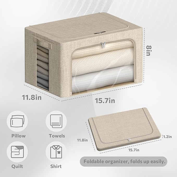 4 Pack Clothes Storage Bins with Metal Frame - Linen Fabric Foldable Stackable Container Organizer Set with Clear Window & Carry Handles & Zippers (Beige, 15.7"x11.8"x7.8")