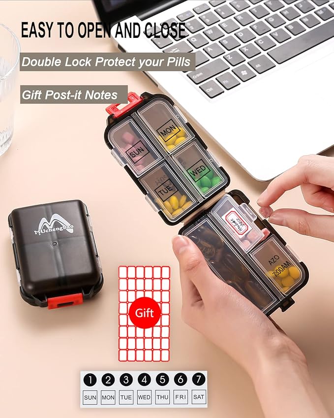 2PS Weekly Pill Organizer Small Folding Box 7 Day BPA-Free Daily Pill Container Foldable Travel Pill Case with Lock Pill Holder， Medicine Organizer for Purse Pocket to Store Vitamin Etc (Black)