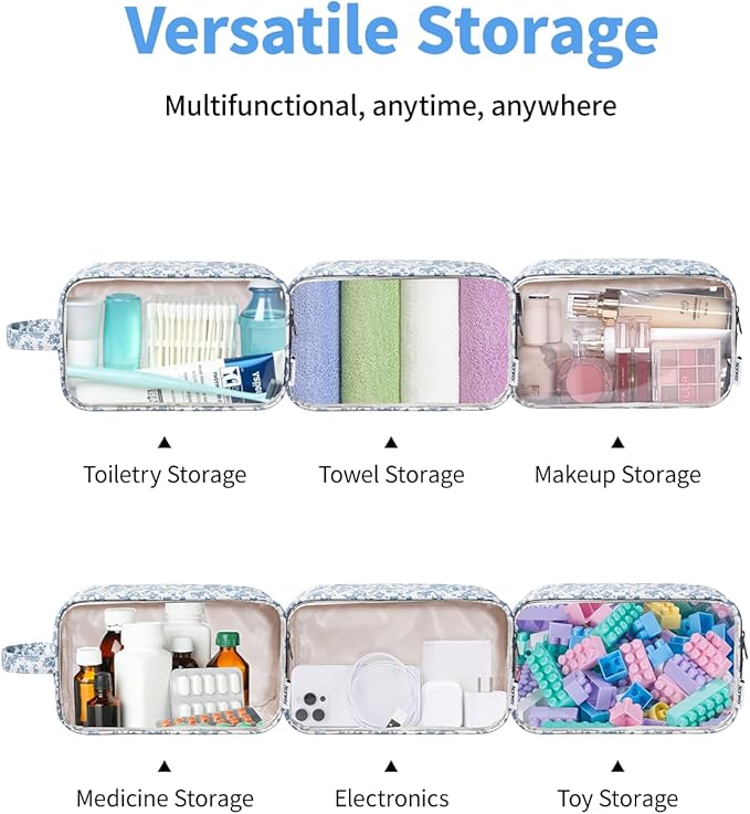 Narwey Clear Toiletry Bags for Traveling Women Men, Clear Travel Bags for Toiletries Makeup Bag Cosmetic Bag with Zipper, Make Up Organizer, Skincare Bag (Little Blue Flower)