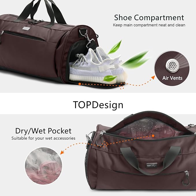 TOPDesign Gym Bag for Women & Men, Unisex Duffel Bag with Shoe Compartment & Wet Pocket for Travel Sports Gym (M Brown)