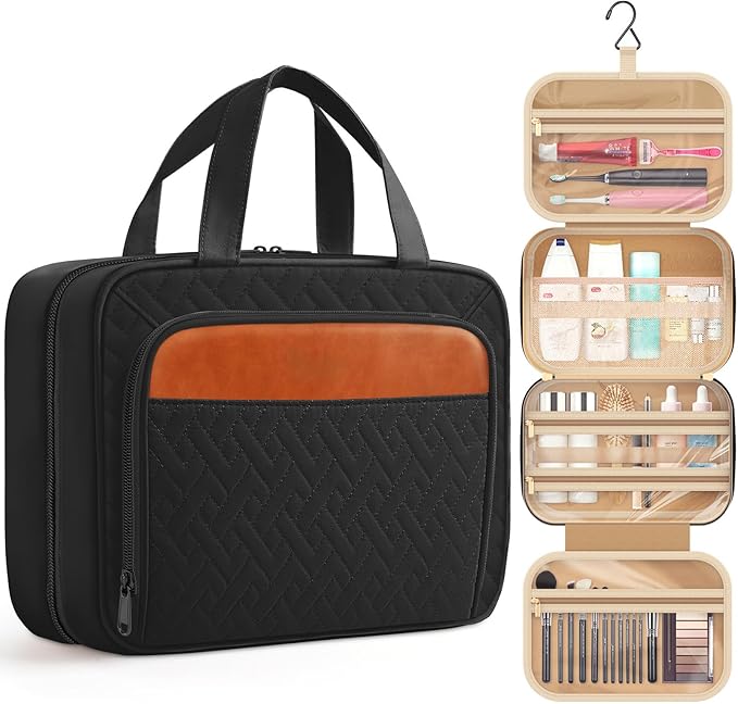 HOTOR Travel Toiletry Bag for Women & Men, Waterproof Makeup Bag with Hanging Hook and Multiple Pockets, Cosmetic Bags for Women, Travel Essentials, 11.2'' x 3.2'' x 8.9'', Black & Brown