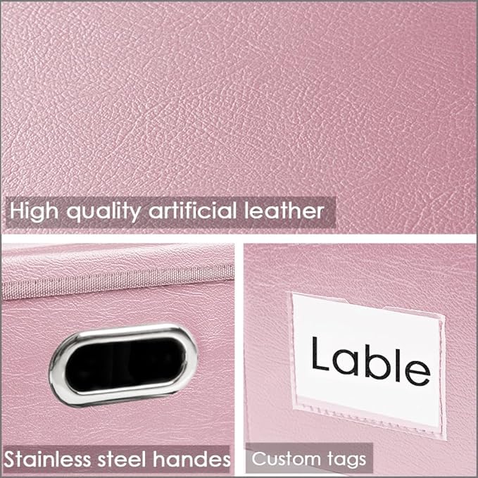 PRANDOM Large Stackable Storage Bins with Lids [3-Pack] Leather Fabric Foldable Storage Boxes Organizer Containers Baskets Cube with Cover for Bedroom Closet Office Nursery Pink (17.7x11.8x11.8)