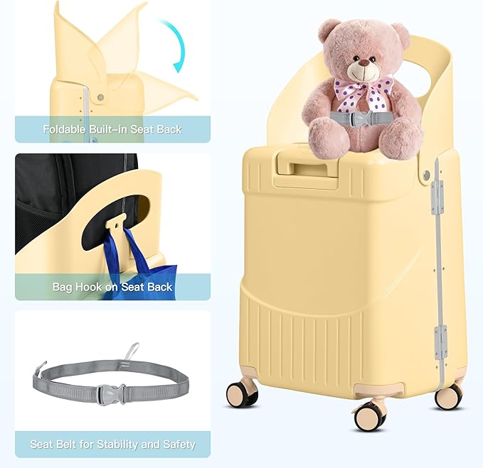 22" Ride-On Luggage with Seat for Kids & Adults, Lightweight Hardside Ride-On Suitcase with Front Opening, TSA Lock, 360° Spinner Wheels, Yellow