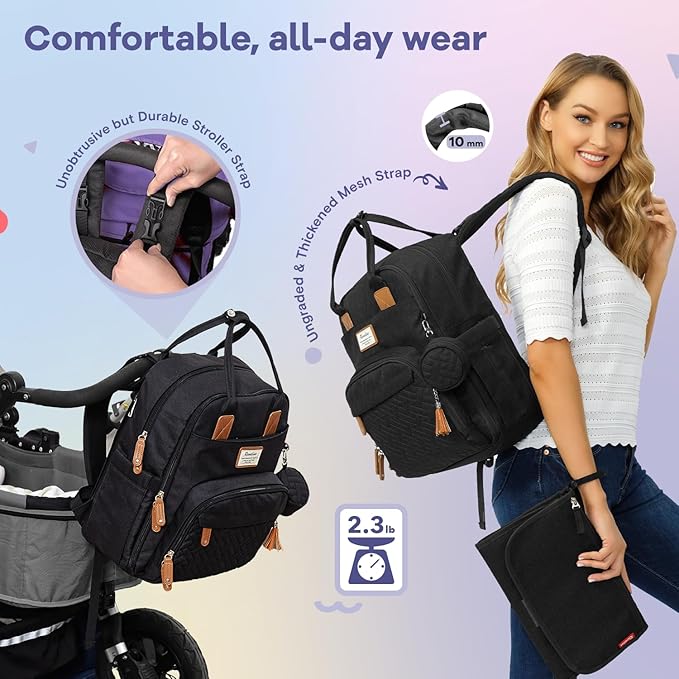 RUVALINO Diaper Bag Backpack, Multifunction Travel Pack Maternity Baby Changing Bags, Large Capacity, Waterproof, Black