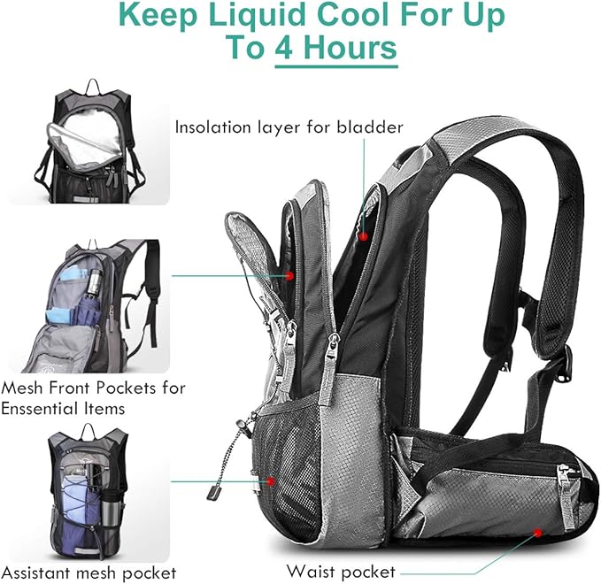 Insulated Hydration Backpack Pack with 3L BPA Free Leak Proof Water Bladder, Large Storage Lightweight Hiking Daypack with Waist Pouches & Cooler Layer, for Running, Biking, Camping, Festival