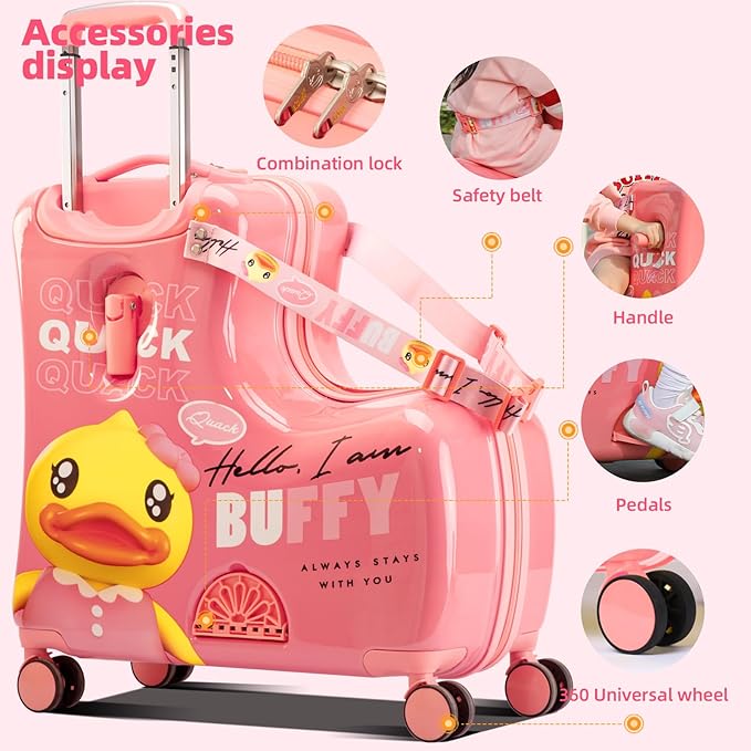 Kids' Lightweight Ride on Luggage with Spinner Wheels & Foldabe Design (Pink Duck, 24"+ Aged 3-12 Toddler)