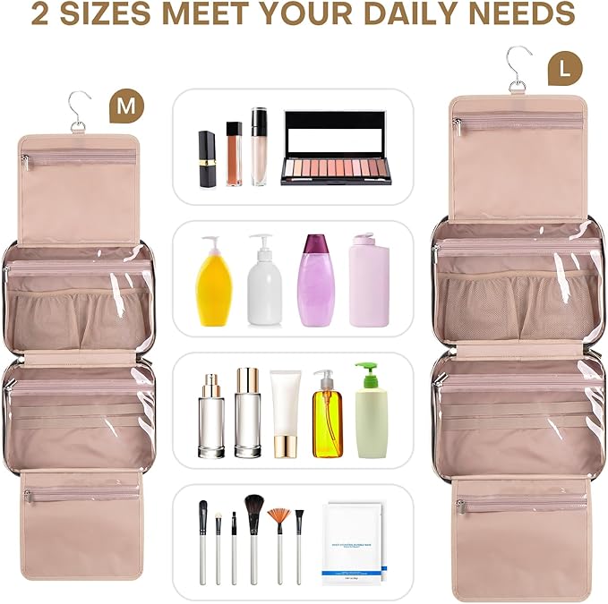 Hanging Toiletry Bag for Women Travel, 2 Sizes Large & Small Waterproof Cosmetic Organizer with 4 Compartments, Rotating Hook, Foldable Pink Travel Bag for Toiletries & Makeup - Large Beige