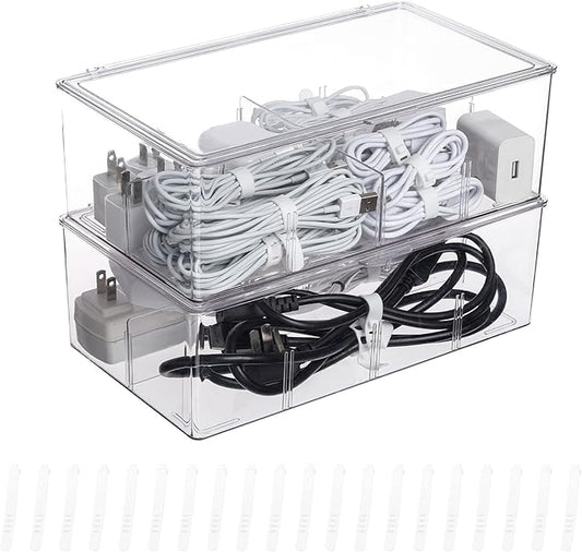 Yesesion Clear Plastic Storage Bins with Lid, Large Cable Organizer Box with Lid and 20 Wire Ties, Adjustable Electronic Cord Management Case for Desk Drawer, Home Office, Art Crafts Supply (2 PACK)