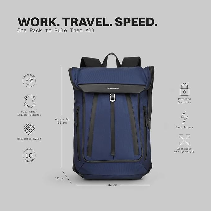 The Frenchie Co. - Work/Travel Speed Backpack - Expandable 23 to 30 liters - Laptop compartment with anti-theft magnetic closure - Ballistic nylon durable construction