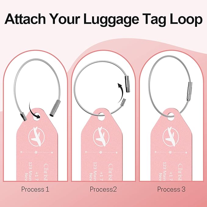 4 PCS Personalized Metal Luggage Tag – Personalized Engraved Suitcase Tag, Backpack Tag, with Matching Color Strap, Waterproof Suitcase Name Badge – Ideal Corporate Gift & Travel Accessory (Pink)